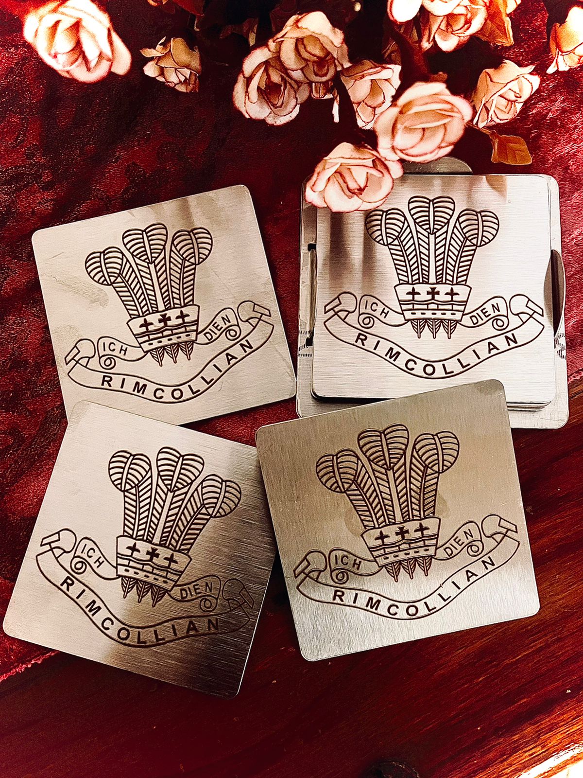 RIMC ETCHED COASTERS IN STEEL (Min order 04 pcs)